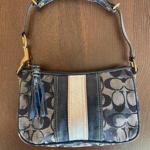 Coach small shoulder handbag, silver and navy